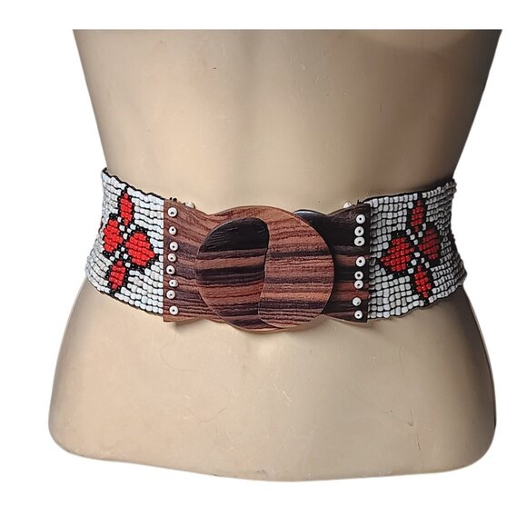 Wide Belt Stretch Red Star Flowers Beaded Boho Tribal Stretchy Wooden Buckle main image 13